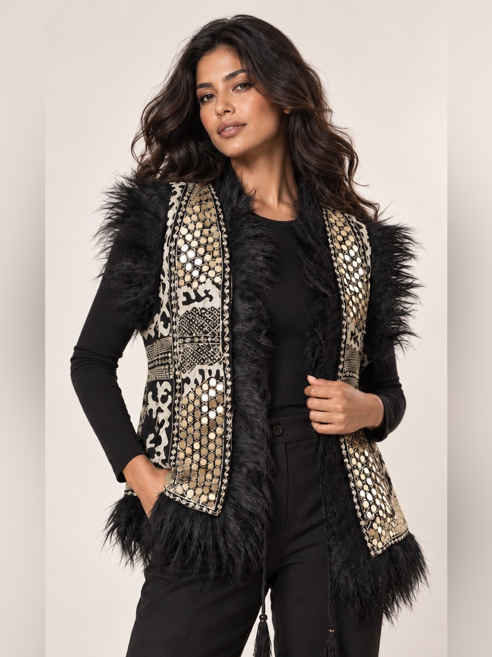 Black & Gold Embellished Faux-Fur Trim Vest by